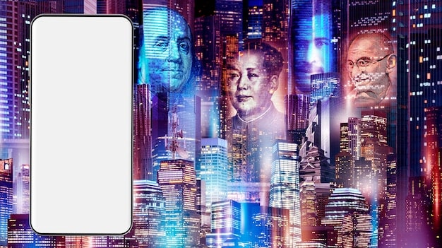 A futuristic cityscape with holographic projections of news headlines and social media feeds, illustrating the pervasive influence of AI in shaping public opinion.