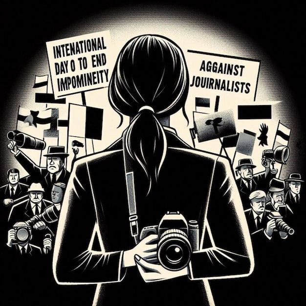 An artist creating a political cartoon with various iconic symbols of social justice in the background. The cartoon conveys the struggle of using art to influence public opinion.