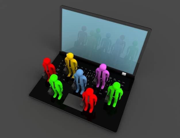 A split screen showing diverse micro-communities interacting on various digital platforms, each discussing social issues relevant to their group.