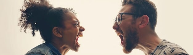 A split image showing two people yelling at each other on one side and two people calmly discussing on the other. The yelling side is brightly lit and harsh, while the discussing side is softly lit and warm.