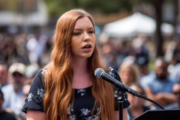 A young woman holding a microphone, speaking passionately at a rally. She is surrounded by supportive listeners, holding signs advocating for social justice. The image captures the emotional intensity and collective empowerment of using personal stories to advocate for change.
