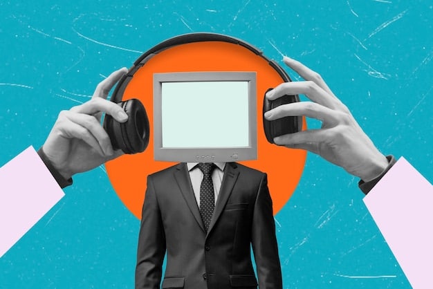 A graphic depicting a person surrounded by screens showing identical news headlines, with the person wearing headphones and looking isolated.