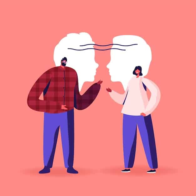 An illustration of two groups of people standing on opposite sides of a chasm, shouting at each other, with the word 