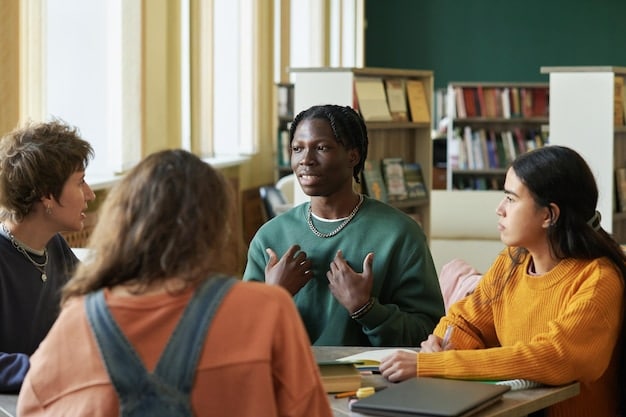 A diverse group of high school students in a classroom, actively participating in a discussion about a news article displayed on a projector screen. The teacher is facilitating the discussion, guiding the students in analyzing the source, potential biases, and factual accuracy of the information.