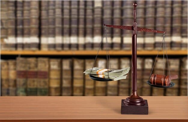 A close-up of a stack of money with a gavel resting on top, symbolizing the regulation of campaign finance. The background is blurred but suggests a courtroom or legislative setting.
