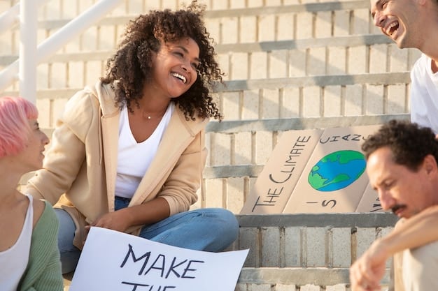 A diverse group of people holding signs and donating money, representing grassroots fundraising efforts. The signs include slogans related to political participation and campaign finance reform.