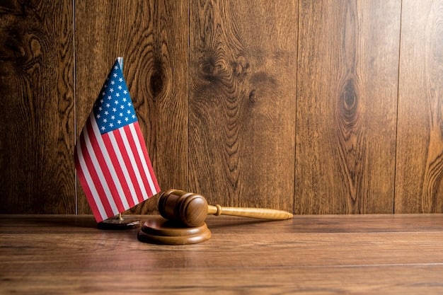 A gavel resting on a stack of law books with an American flag subtly blurred in the background, representing the power and authority of the Supreme Court's decisions.
