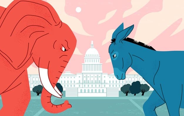 An illustration depicting a tug-of-war between two elephants and donkeys, symbolizing the differing economic philosophies of the Republican and Democratic parties.