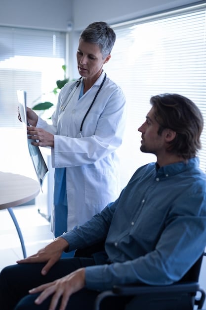 A doctor consulting with a patient in a brightly lit examination room. The doctor is explaining something on a tablet, and the patient is listening attentively. The scene conveys trust and effective communication.