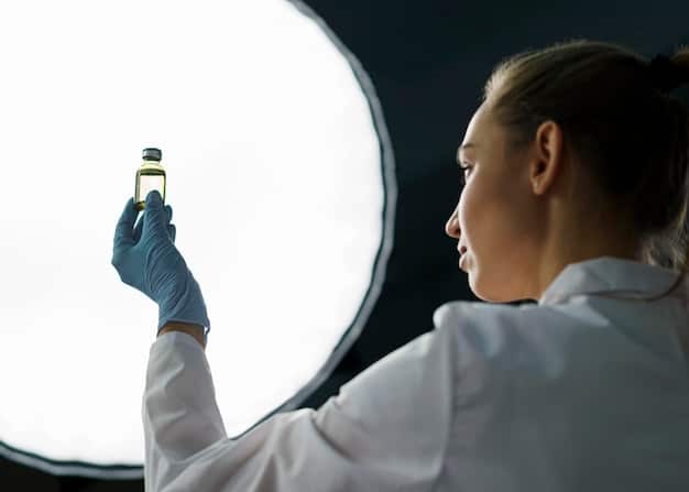 Close-up of a technician in a lab coat analyzing a water sample with sophisticated equipment, highlighting the monitoring and compliance aspects of the new environmental regulations.
