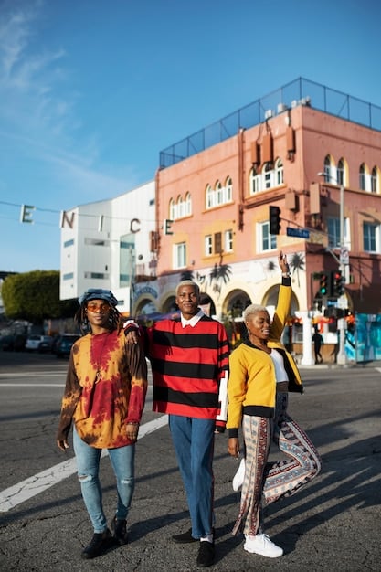 A vibrant street scene in a diverse neighborhood, showcasing the cultural richness that immigration brings to American cities. Focus on the colorful storefronts, diverse people, and community events happening simultaneously.
