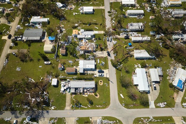 An aerial photograph of a city devastated by a hurricane, illustrating the impact of climate change on urban areas.