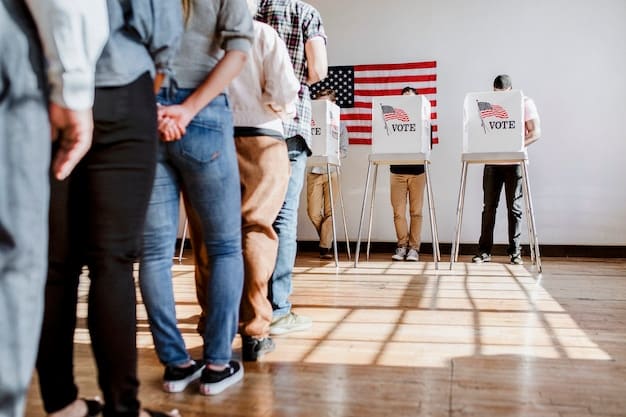 A long line of diverse voters waiting to cast their ballots, symbolizing the importance of voter turnout and engagement in a fair election system.