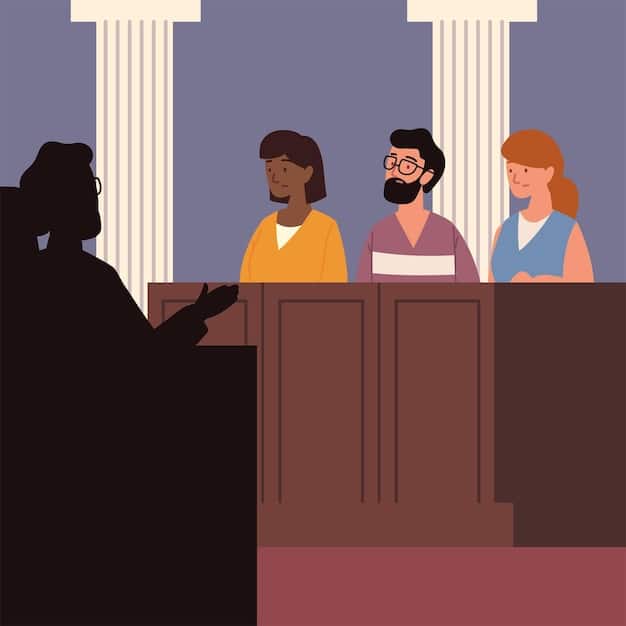 A courtroom scene depicting a judge overseeing a restorative justice conference. The offender is shown meeting with the victim and community members to discuss the harm caused by their actions and develop a plan for repair.