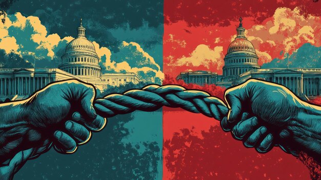 A visual representation of a political deadlock; two groups pulling against each other on a rope, symbolizing the legislative gridlock in the U.S. Congress.