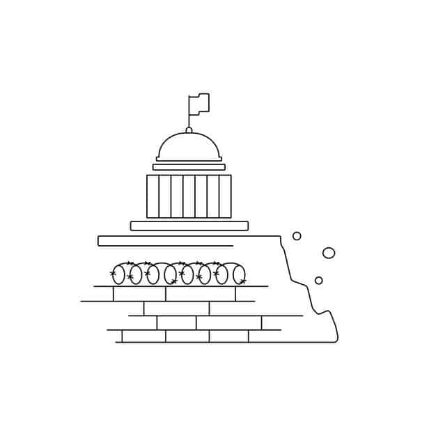 Illustration showing a legislative chamber divided into two sections by a winding, irregularly drawn line representing gerrymandering. On one side are legislators nodding in agreement with one another, and on the other side, legislators are arguing amongst themselves, demonstrating the divisiveness of the process.