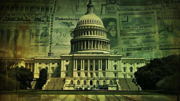 A graphic depiction of money flowing from various lobbying groups towards a depiction of the US Capitol Building, symbolizing the influence of financial contributions on legislative decisions.