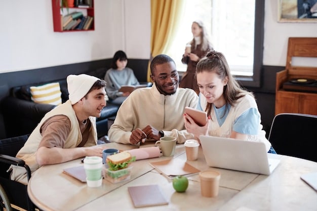 A group of diverse young people gathered around a table, collaboratively working on laptops and tablets, with engaged expressions suggesting they are participating in an online public policy debate or research project.