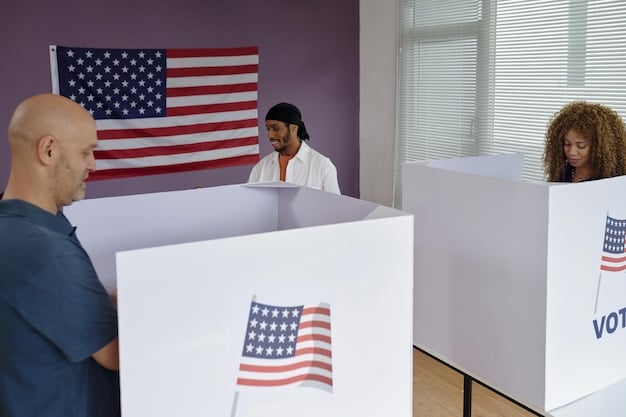Election officials demonstrating how to use a ranked-choice voting machine and explaining the ranking process to voters. The scene should depict a smooth and efficient voting process.