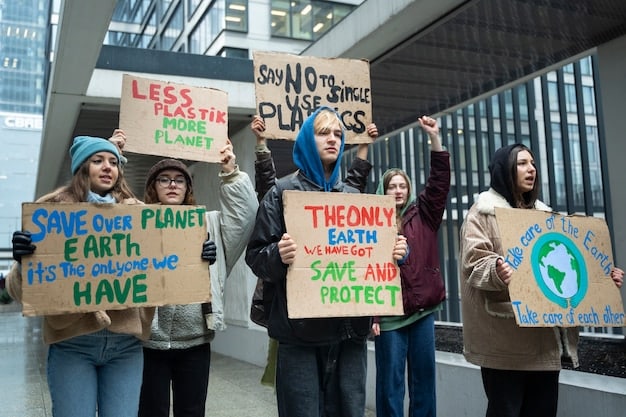 A diverse group of climate activists marching in Washington D.C., holding signs with messages about sustainable policies and climate justice.
