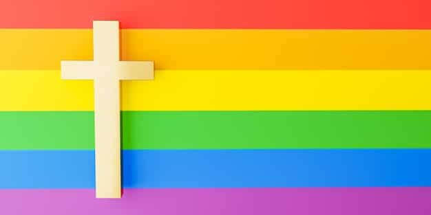 A scale with the rainbow flag on one side and a Christian cross on the other, balanced precariously. The image represents the delicate balance between LGBTQ+ rights and religious freedom in the US.