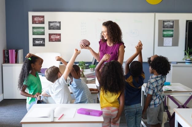 A diverse group of children in a classroom, with a teacher helping them. The classroom is brightly lit and filled with educational materials, creating a positive and welcoming atmosphere.