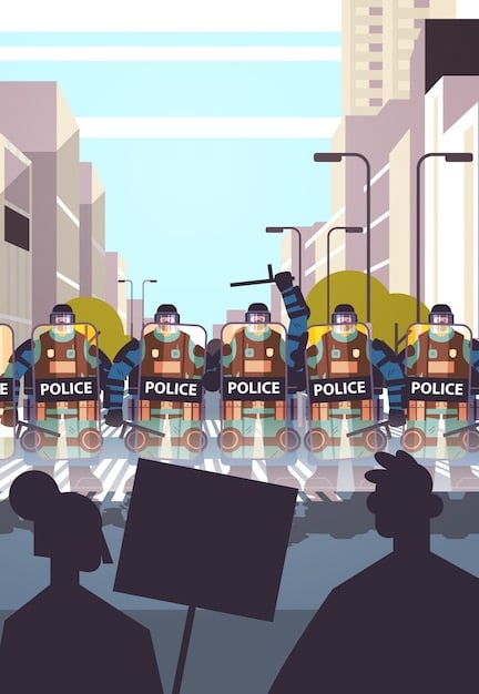 A police officer standing near a group of protestors, maintaining order while respecting their right to demonstrate. The scene depicts a balance between maintaining public safety and protecting freedom of speech.