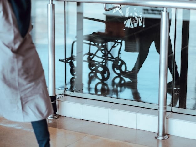 The entrance of a store with a wheelchair ramp and automatic doors. An individual using a wheelchair is entering the store accompanied by a friend.