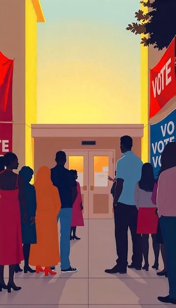 A long line of people waiting to vote in an election, with diverse faces and expressions of civic engagement. The scene captures the importance of voting rights in a democratic society.