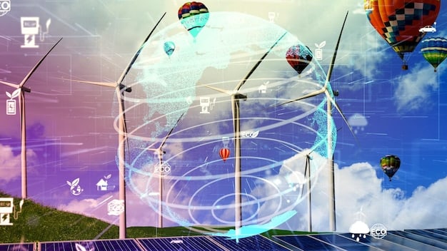 A futuristic depiction of a smart grid system, showing various renewable energy sources (solar, wind, hydro) integrated with energy storage solutions and connected via a network to homes and businesses.