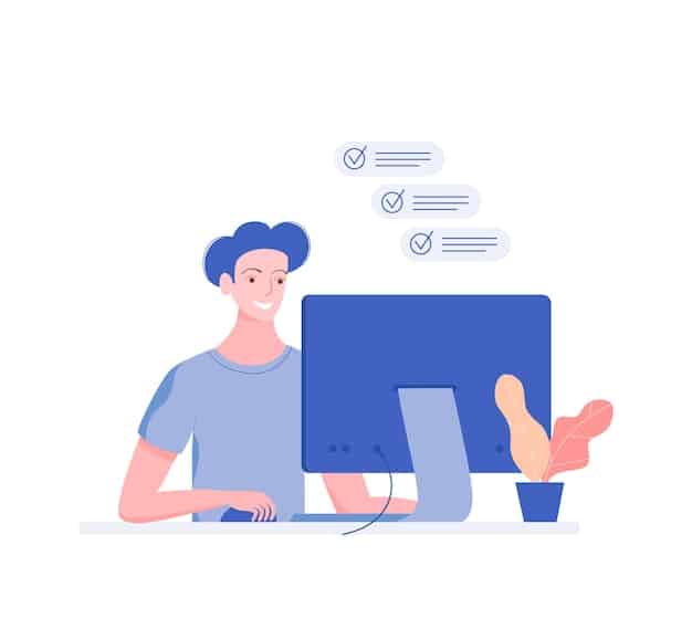 An illustration of a person sitting at a desk with a large monitor displaying a checklist with various data privacy compliance tasks marked as 