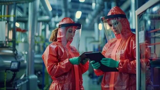 Factory workers overseeing equipment and monitoring pollution levels.