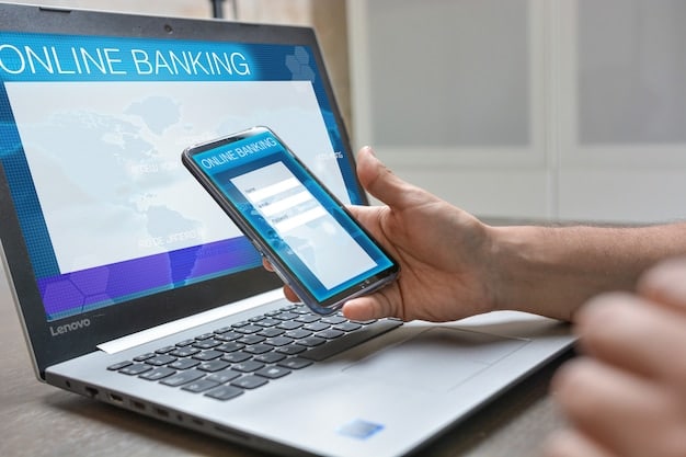 A laptop displaying a secure banking portal with multi-factor authentication enabled, showing a mobile phone receiving an authentication code. The scene emphasizes cybersecurity in financial transactions.