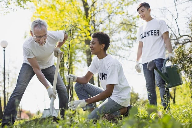 Volunteers of all ages working together to assemble playground equipment, plant trees, and spread mulch, wearing safety gear and smiling as they contribute to the community project.