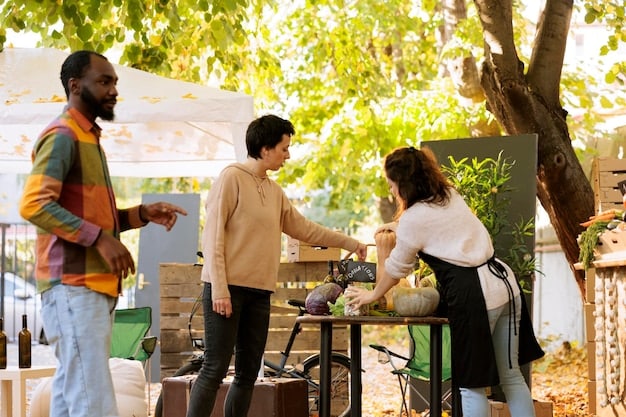 A photo of volunteers sorting food scraps at a community composting site. The volunteers are wearing gloves and using tools to separate non-compostable materials. A sign with clear instructions on what can and cannot be composted is displayed nearby.