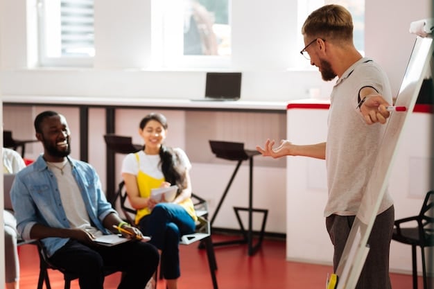 A skilled instructor demonstrating a technique to workshop participants in a well-lit and equipped classroom setting. The instructor is engaging and approachable, fostering a positive and interactive learning atmosphere. Participants are actively participating and learning.