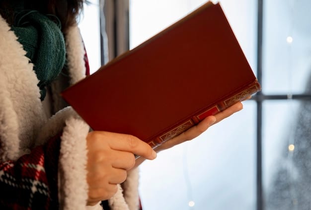 A close-up shot of hands holding a well-worn copy of a classic novel. The background is blurred, showcasing a bookshelf filled with books and warm lighting.