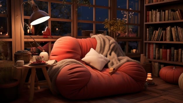 A cozy reading nook with a comfortable armchair, a warm lamp, and a stack of books on a small table. The scene exudes tranquility and invites readers to immerse themselves in a good book.