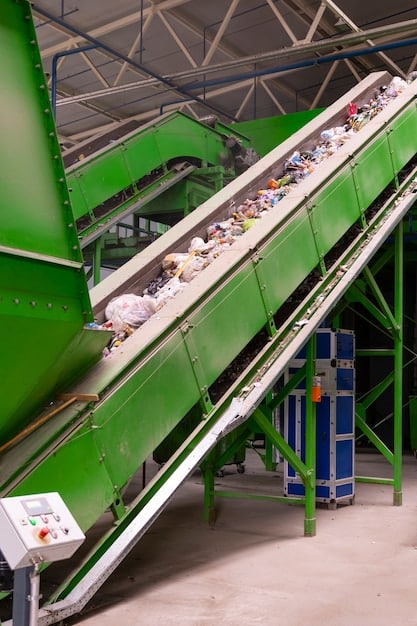A close-up shot of various recyclable materials being sorted on a conveyor belt at a recycling facility, highlighting the diversity of items that can be recycled in a community program, with workers carefully separating different types of plastics, paper, and metals.