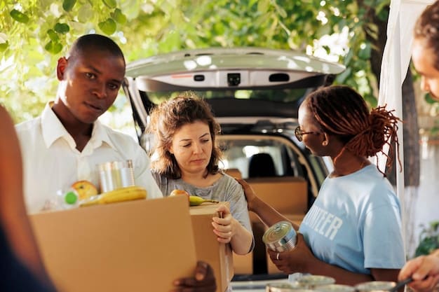 Volunteers unloading boxes of food from a car at a designated drop-off location for the food drive. Signage clearly indicates where donations should be placed, and volunteers are wearing identifiable vests to show they are part of the food drive team.