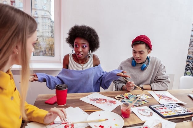 A group of diverse community members sitting around a table, brainstorming ideas and sketching designs for a potential public art project. There are maps, colorful markers, and sticky notes scattered across the table, indicating an active and collaborative discussion.