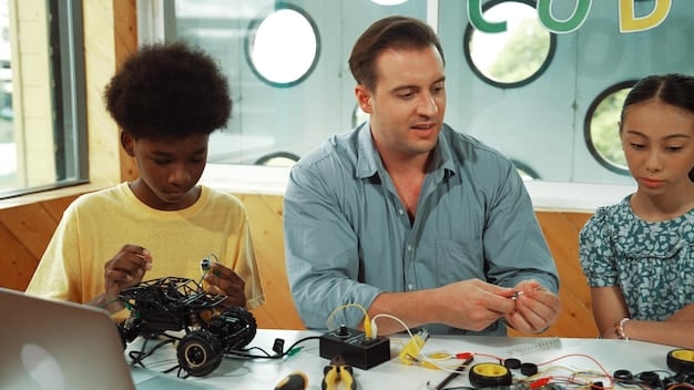 A mentor and mentee are working together on a science project in a classroom. They are both focused and engaged, with scientific equipment and papers spread out on the table. The environment is educational and collaborative.