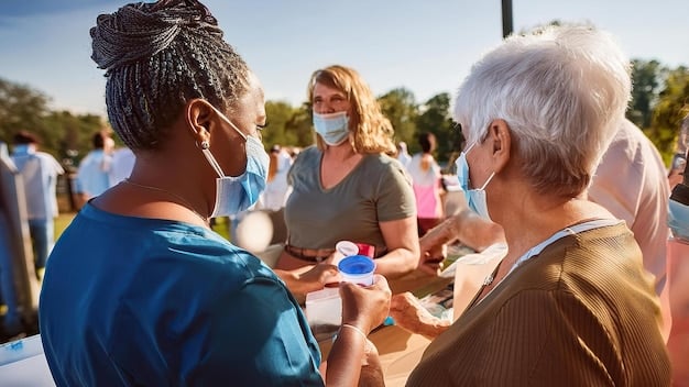 A community health worker talking to a group of people at a local park. The health worker is providing information about vaccinations and answering questions from the community. The scene is relaxed and informal.