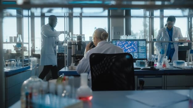 A modern public health laboratory with scientists working on disease surveillance and testing. The equipment is state-of-the-art, and the atmosphere is professional and focused.