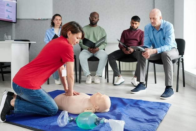 A group of diverse community members participating in a Mental Health First Aid training session. They are gathered around a table, engaging in active learning with a trainer.