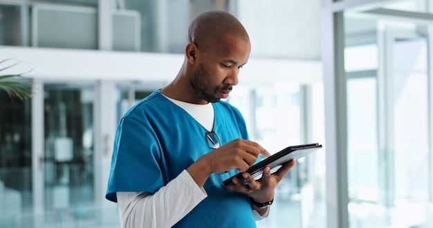 A healthcare professional using a tablet to input patient data during a public health screening event. The environment is modern and organized, showcasing the integration of technology in healthcare administration and data collection.
