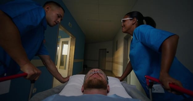 Doctors and nurses tending to patients in a hospital emergency room following a major hurricane, illustrating the strain on healthcare systems due to climate-related disasters. The image shows the urgency and chaos of the situation.