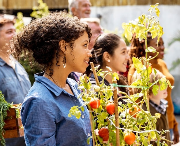 Volunteers working in a community garden, planting vegetables with children. The scene conveys a sense of community involvement and education about healthy eating.