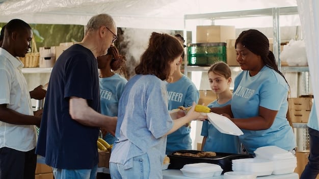 A group of community health workers providing resources and information to residents in a low-income neighborhood, showcasing efforts to bridge gaps in access to care and support.