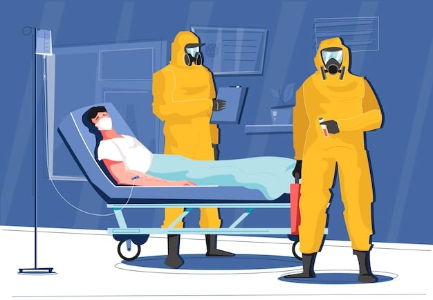 A healthcare worker wearing full personal protective equipment (PPE) in a hospital setting, administering treatment to a patient during a simulated infectious disease outbreak.